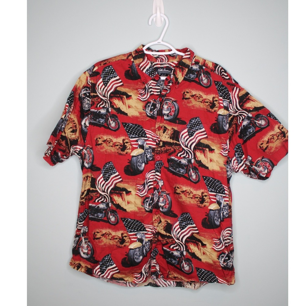 North River Outfitters Mens Large Red Patriotic Motorcycle Mount Rushmore Shirt